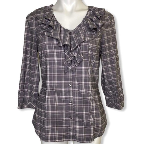 Outback Red Grey Plaid Button Down Ruffle Top - Picture 1 of 6
